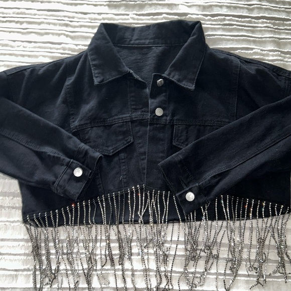 Jackets & Blazers - Black cropped jean jacket with western flair silver diamonds fringe